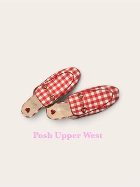 Gucci Red and White Gingham Horsebit Mules